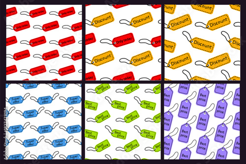 Various colorful sale tags with discount messages on bright backgrounds creating a vibrant pattern