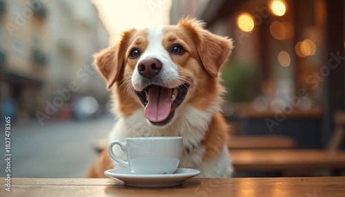 Fototapeta Naklejka Na Ścianę i Meble -  Smiling dog sits at cafe table with cup of coffee. It looks happy enjoying morning beverage outdoors on blurred street background. Good mood, relaxation, pet friendly.