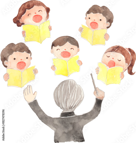 合唱をする子どもの水彩イラスト　ベクター