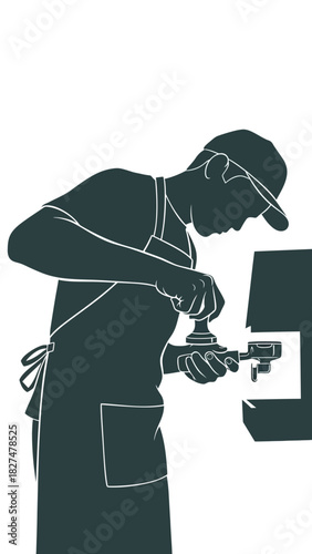 Silhouette of a barista preparing coffee with an espresso machine, tamping grounds in a portafilter.