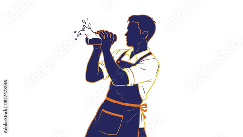 An illustration of a bartender or barista vigorously shaking a drink mixer, with liquid splashing out, against a white background.