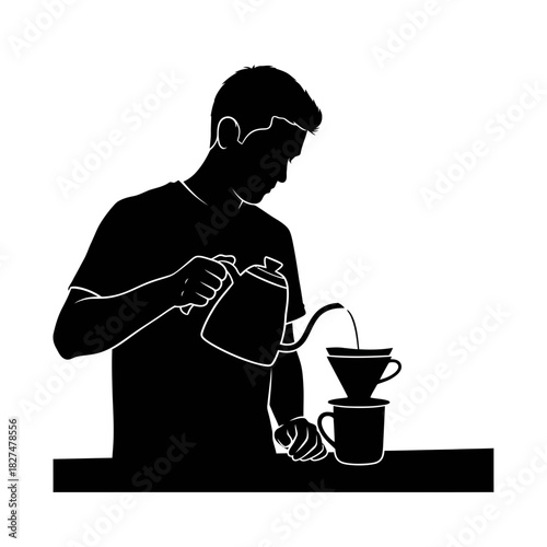 A man's silhouette making pour-over coffee with a gooseneck kettle and dripper.