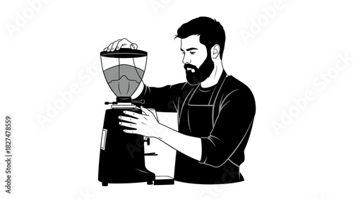 A bearded man in an apron operating a coffee grinder, preparing coffee beans for brewing.