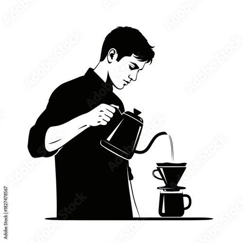A person pouring hot water from a gooseneck kettle into a pour-over coffee dripper and mug.