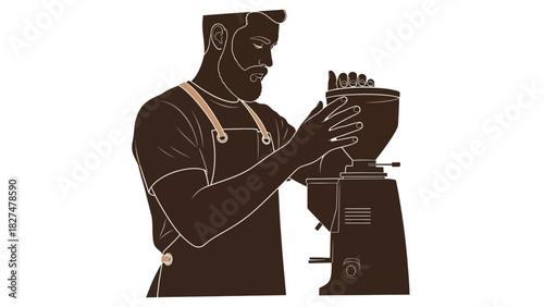 A bearded man in an apron operating a coffee grinder, preparing coffee in a minimalist illustration style.