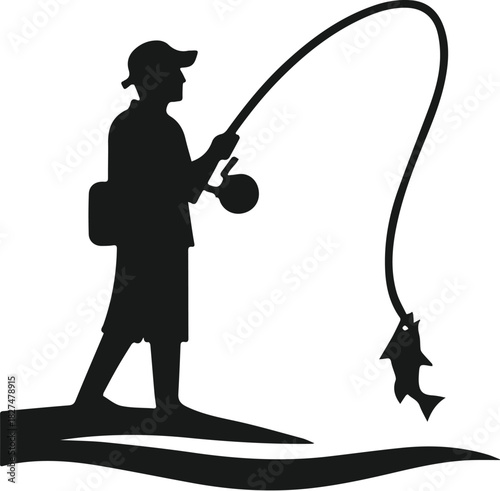 Fisherman silhouette vector icon catching a fish on the line.