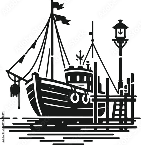 Black and white vector illustration of a fishing boat at a pier.
