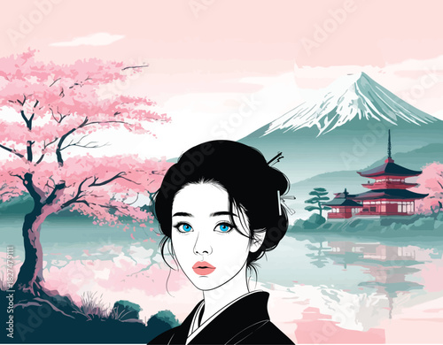053-41-Japanese woman facing forward, with mount fuji, pagoda, and cherry blossoms in background