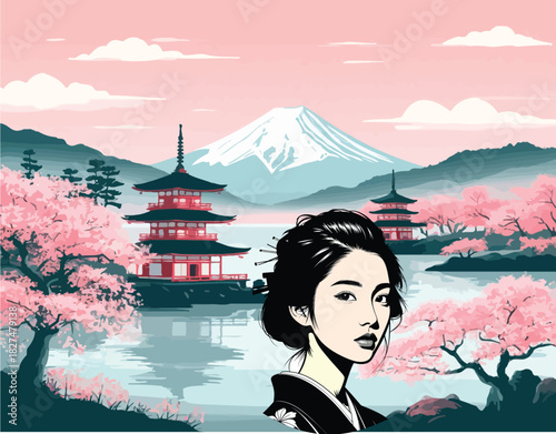 053-42-Woman wearing kimono in a japanese landscape with pagodas and blooming sakura trees