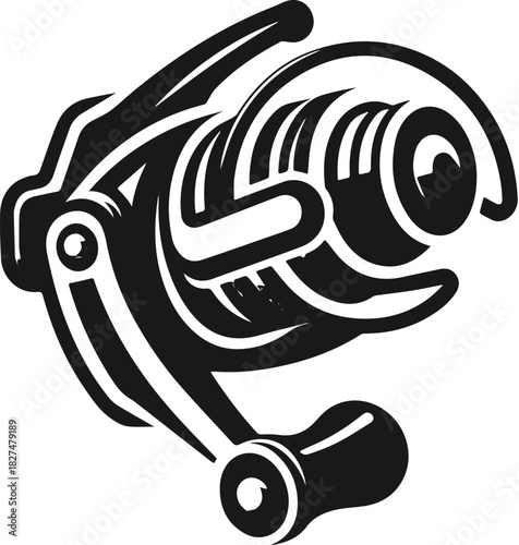 Stylized black and white vector icon of a spinning fishing reel.