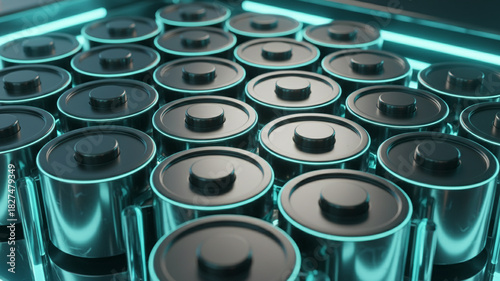 Cross Section Detail of Lithium-Ion Battery Pack Module, Metallic Cylinders arranged perfectly, Symbolizing Stored Energy and Electric Vehicle Power Source, Sustainable Automotive Tech