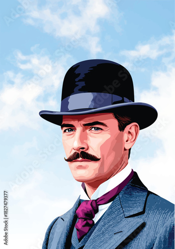 053-45-Man with mustache wearing a bowler hat and formal suit for a vintage illustration