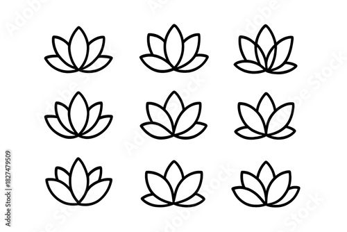 Set of nine geometric lotus flower icons for spa, meditation, and natural beauty concepts