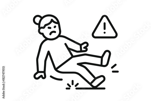 Black and white sign showing a person slipping and falling near a triangular danger warning