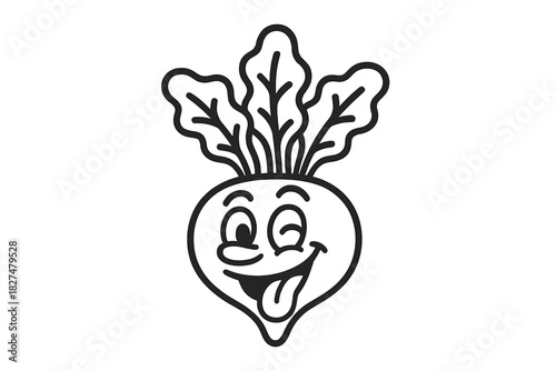 Funny cartoon beet character winking and sticking out tongue black and white line art