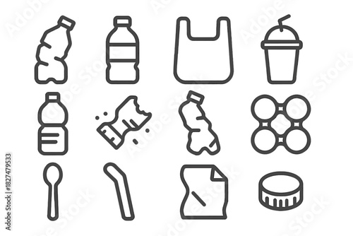 Collection of minimalist line icons representing plastic waste and disposable garbage