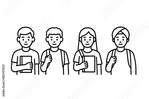 Diverse group of smiling students holding books and wearing backpacks ready for school