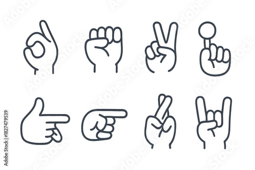 Eight different outline icons depicting human hands making common communication gestures