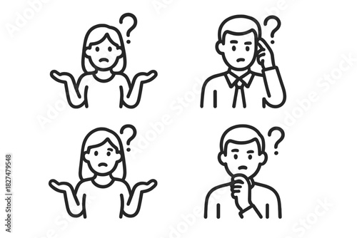 Confused people asking questions, shrugging shoulders, and thinking about a problem or solution