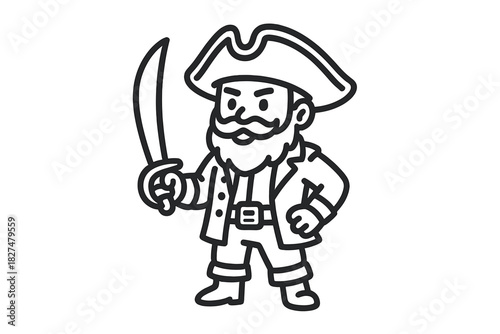 Bearded pirate character wearing a tricorn hat and holding a sharp cutlass sword