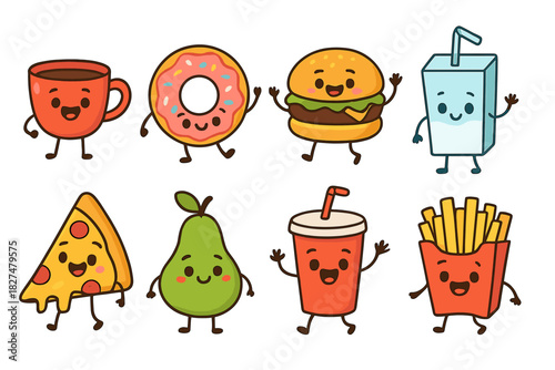 Cute cartoon characters set of fast food, drinks, and healthy fruit smiling faces