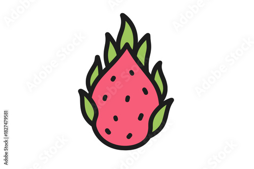 Whole tropical dragon fruit with bright pink skin and green leafy scales