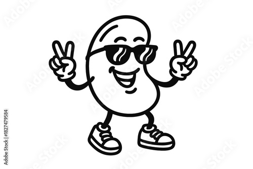 Cool cartoon bean mascot character wearing sunglasses and sneakers making the peace sign