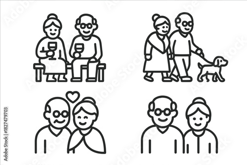 Senior couples enjoying retirement activities: sitting, walking a dog, and embracing