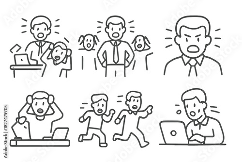 Angry boss shouting at running employees during high pressure workplace stress and conflict