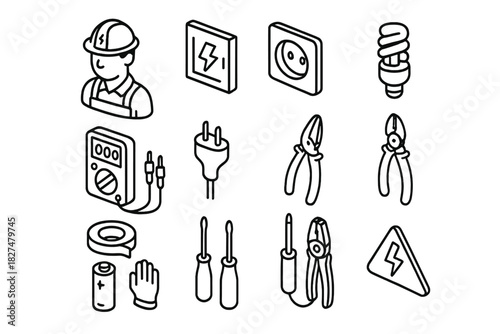 Isometric line icons of electrician tools, safety equipment, and electrical maintenance symbols