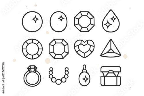 Twelve outline icons representing various gemstones and luxury jewelry items