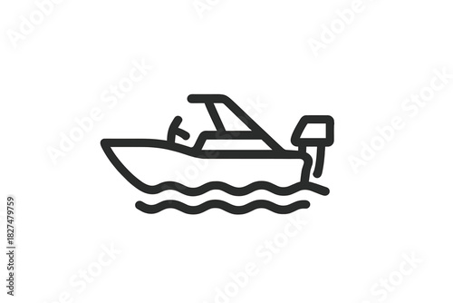 Simple black line drawing of a small motorboat speeding across rough ocean waves
