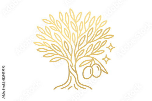 Elegant golden olive tree symbol with ripe fruit and sparkling elements