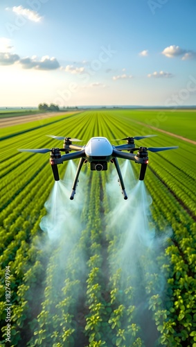 Drone spraying crops aerial view over field with blue sky and clouds agriculture technology