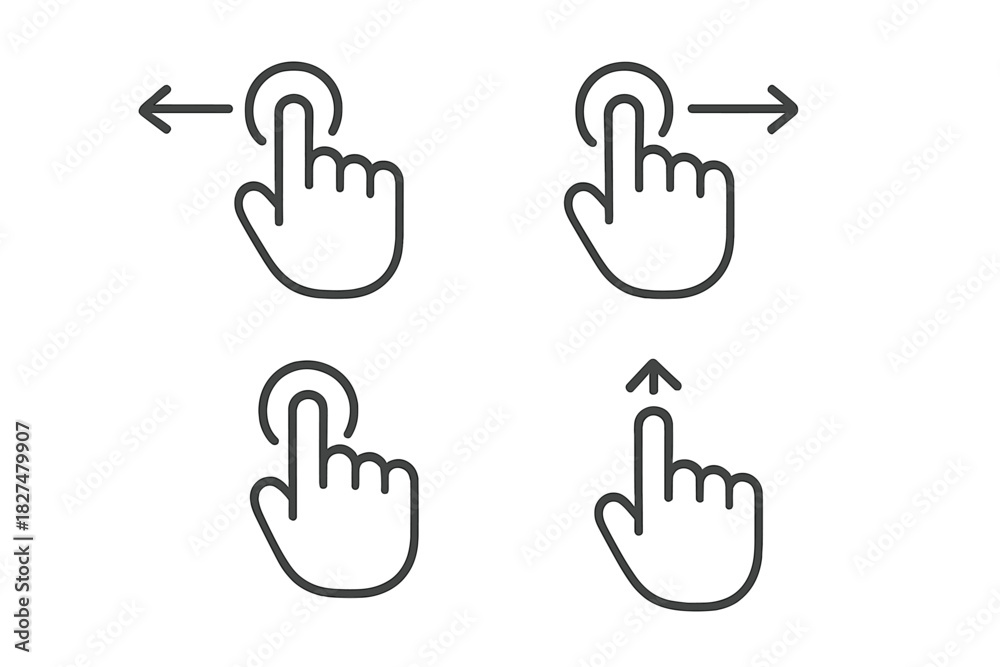 Fototapeta premium Outline symbols showing common touchscreen gestures including swipe left, swipe right, tap, and swipe up