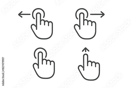 Outline symbols showing common touchscreen gestures including swipe left, swipe right, tap, and swipe up
