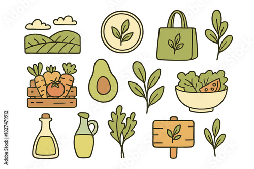Organic food, healthy eating, and sustainable lifestyle icons with fresh vegetables and farm landscape