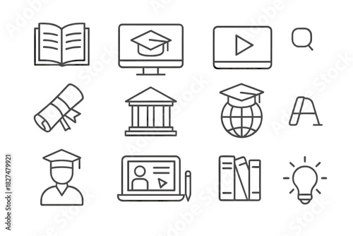 Set of linear icons representing e-learning, distance education, and academic achievement symbols