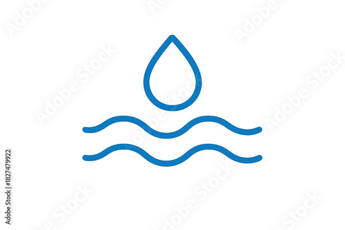 Simple blue outline graphic of a water droplet falling onto wavy lines representing a liquid surface
