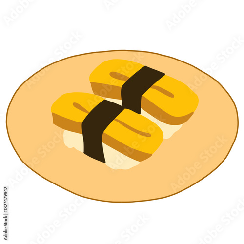 Simple, vibrant illustration of two pieces of Tamago Nigiri sushi served on a plate