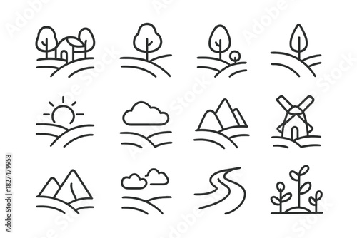 Minimalist line art set of natural landscape and rural scenery features