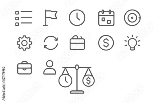 Essential business and productivity symbols for time, money, planning, settings, and balance scale