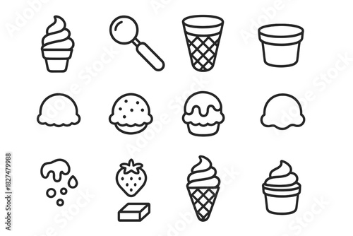 Variety of frozen dessert treats including ice cream, cones, scoops, and sweet toppings