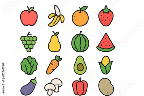 Simple hand drawn set of common fresh organic fruits and vegetables