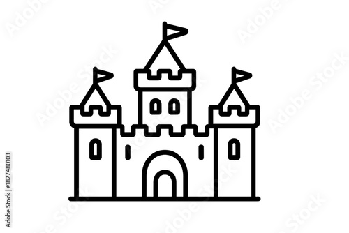 Detailed outline of a medieval castle or royal palace structure featuring multiple towers and flying flags
