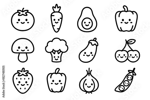 Cute collection of smiling fruits and vegetables in simple outline style