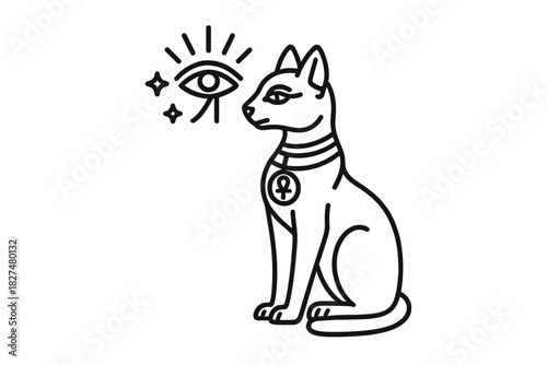 Ancient Egyptian sacred cat with Ankh symbol and mystical eye icon
