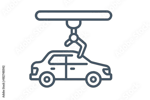 Robotic arm lifting or assembling a passenger car on an automated production line