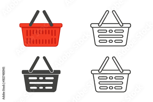 Set of four plastic shopping basket icons for e-commerce and retail websites