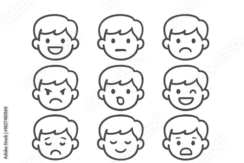 Collection of nine outline symbols depicting various human emotions and facial expressions